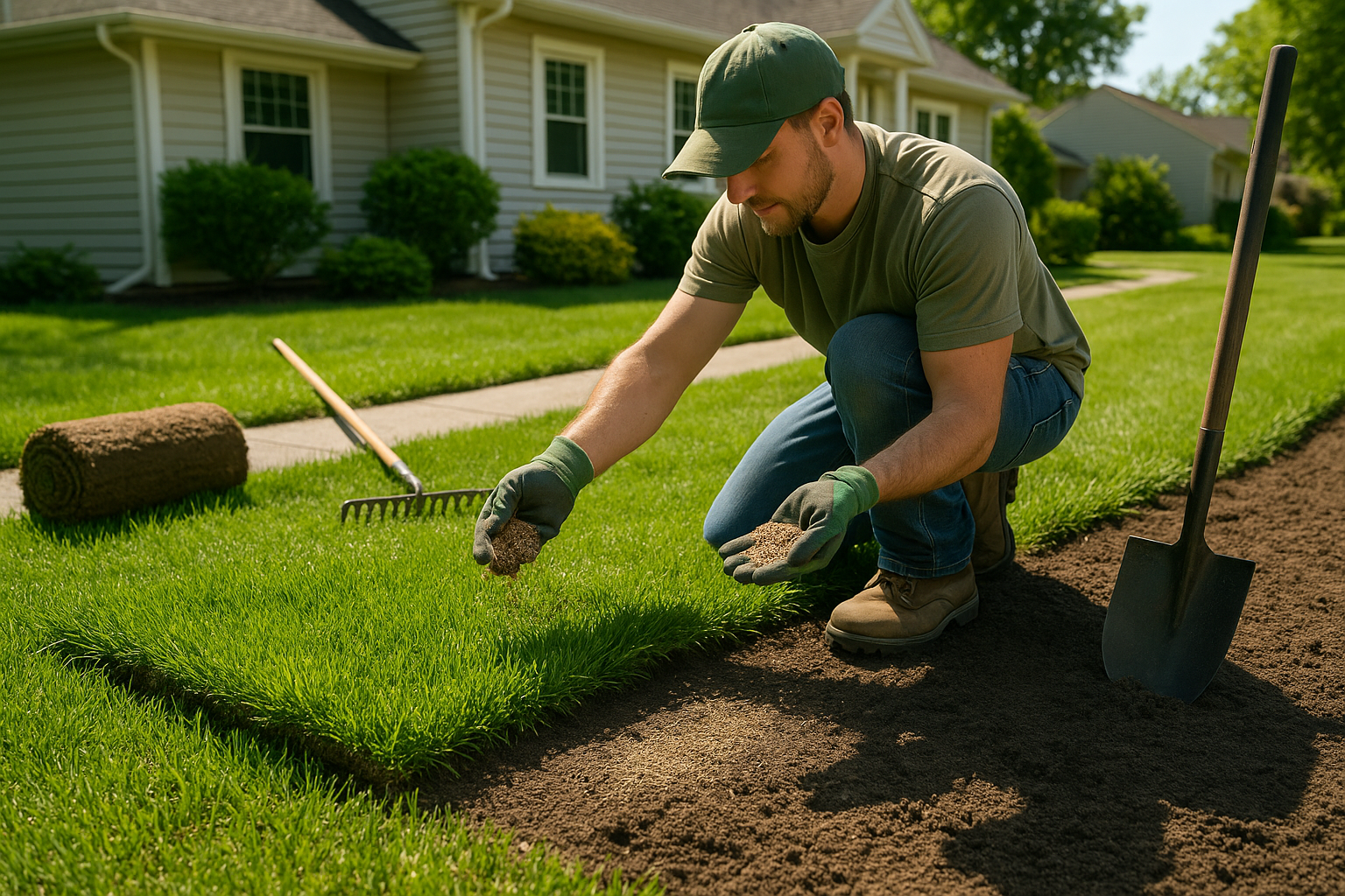 A person rolling out a fresh sod lawn with a satisfied expression, surrounded by lush green grass and a few gardening tools
